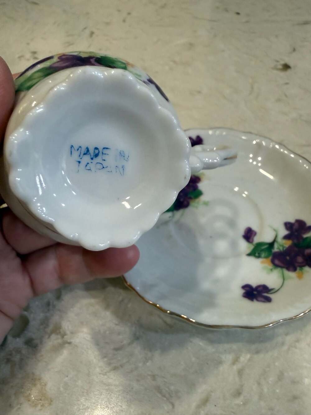 Vintage Made in Japan Sweet Violets Porcelain Teacup and Saucer with Gold Trim
